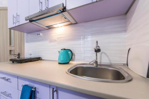 a kitchen with a sink and a blue appliance at Стильные апартаменты,метро Вырлица,метро Харьковская in Kyiv