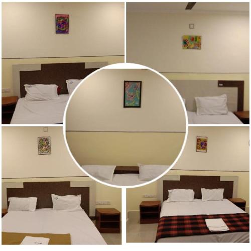 a collage of four pictures of a bedroom with two beds at Hotel Dream World Boarding & Lodging in Sivaganga