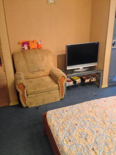 a living room with a chair and a television at Apartment on Druzhby 4 in Perm