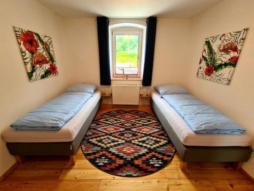 two beds in a room with a rug and a window at wohnung-nummer-3 in Pielenhofen