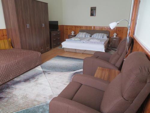 a living room with a bed and a couch and chairs at Csányi vendégház in Kiskunmajsa