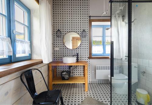 韋特利納的住宿－Gata Blanca，浴室设有镜子、盥洗盆和卫生间