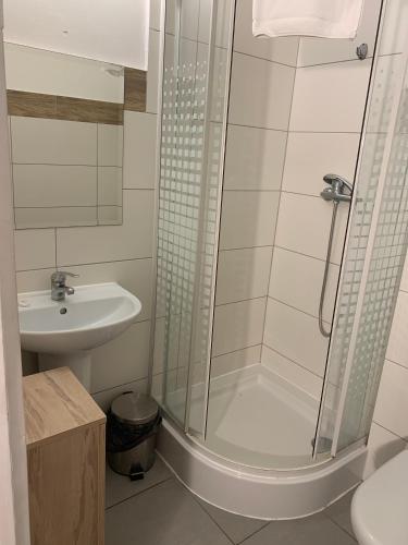 a bathroom with a shower and a sink at OW Meduza i Biala Mewa in Międzyzdroje
