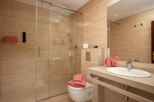 a bathroom with a shower and a toilet and a sink at Hotel Continental Barcelona in Barcelona