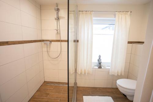 a bathroom with a shower and a toilet at Altstadt-Chalet @Conny's in Brilon