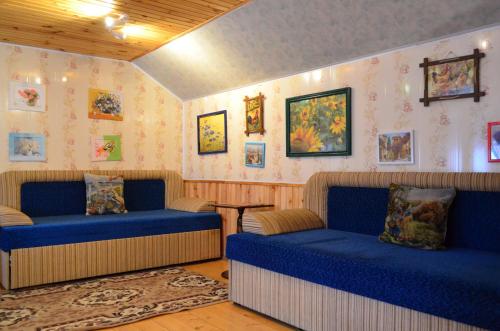 a living room with two blue couches and wallpaper at Cottages On Gdantsevskaya Street in Kryvyi Rih