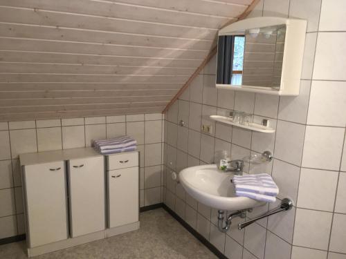 y baño con lavabo y espejo. en Ferienwohnungen Egerer en Riedenburg