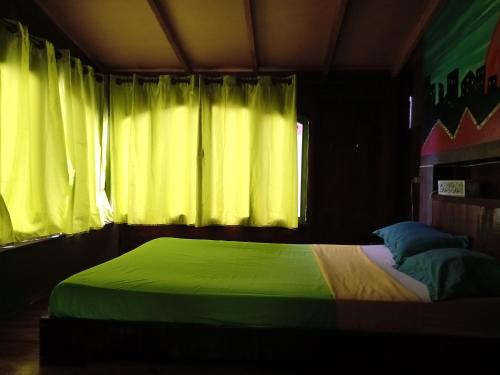 a bedroom with a green bed with yellow curtains at Black Mamba in Paul