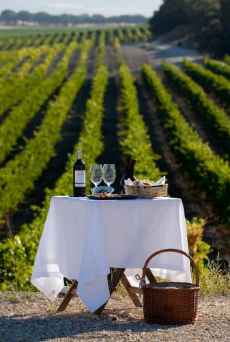 a table with a bottle of wine and glasses on a field at Abadia Retuerta LeDomaine in Sardoncillo
