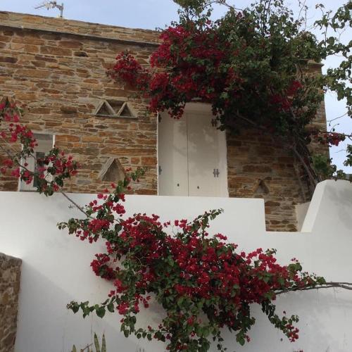 a white door with red flowers on a brick building at Ostria Village in Mylopotas