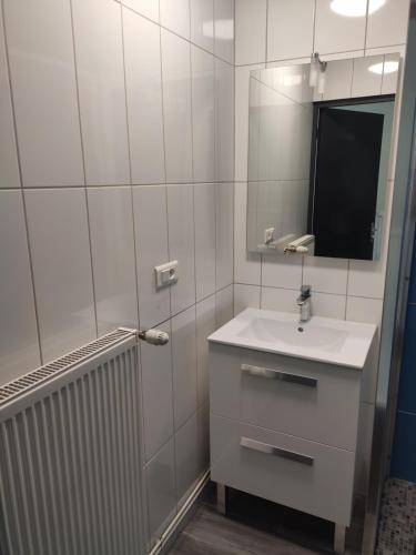 a white bathroom with a sink and a mirror at Centre Bol Vert in Trélon