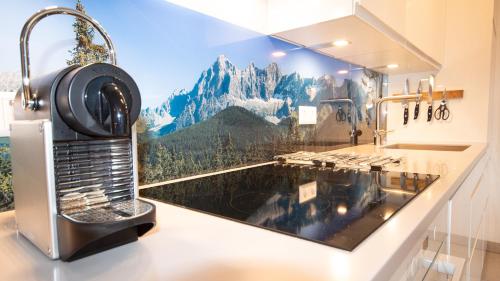 eine Küche mit einem Waschbecken und einem Wandbild aus den Bergen in der Unterkunft Appartement Neualm Schladming by Schladming-Appartements in Schladming