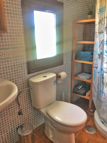 a bathroom with a toilet and a sink and a window at CASA ABUELA MINA in Lomo de Arico