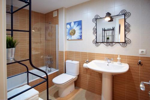 een badkamer met een toilet, een wastafel en een douche bij Apartamento Mercado Viejo in Ponferrada