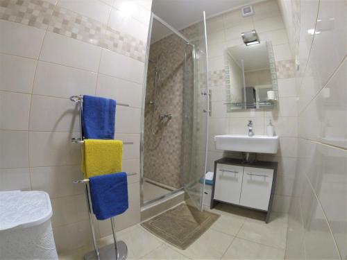 a bathroom with a shower and a sink and a mirror at Apartmani Zaric in Malinska