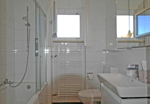a bathroom with a shower and a sink and a toilet at Apartmenthaus Ahorn in Mittelberg