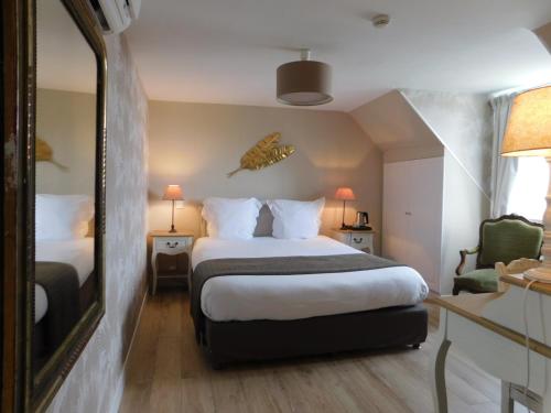 a hotel room with a bed and a mirror at Hotel La Villa Marjane in Saint-Jean-le-Blanc