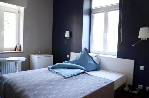 a bedroom with blue walls and a bed with blue pillows at Le Presbytère in Differdange