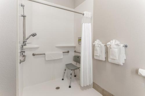uma casa de banho com um chuveiro e uma cadeira. em Holiday Inn Express Hotel & Suites O'Fallon-Shiloh, an IHG Hotel em Shiloh