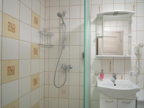 een badkamer met een douche en een wastafel bij Šarkutė in Palanga