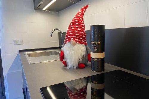 a gnome sitting on top of a kitchen counter at Tablà - confort ed eleganza a 100 mt dagli impianti in Aprica