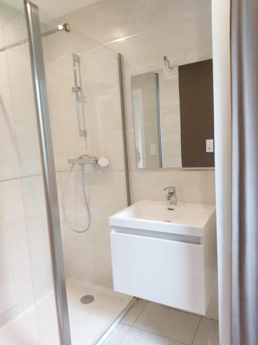 a white bathroom with a sink and a shower at AppartHotel ST MICHEL in Brest