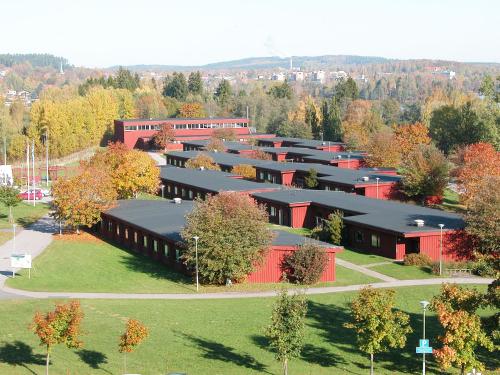an overhead view of a school with red buildings at Karlskoga Folkhögskola Vandrarhem Udden in Karlskoga