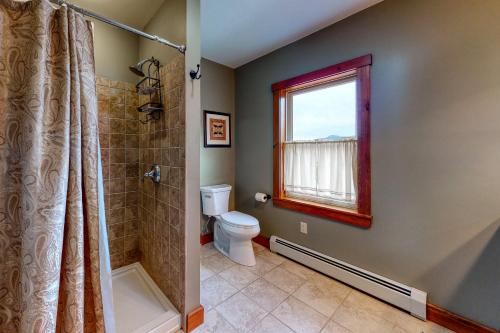 a bathroom with a shower and a toilet and a window at Thunder Ridge Lodge in Newry