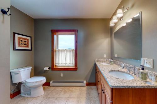 a bathroom with a toilet and a sink and a mirror at Thunder Ridge Lodge in Newry