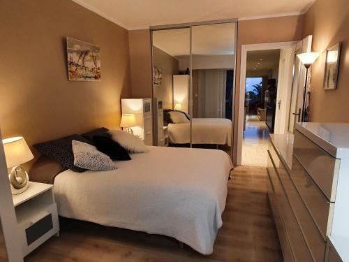 尼斯的住宿－Classy Apartment in Nice with pool and private parking place，卧室配有一张白色大床和镜子