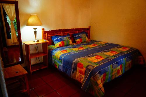 Hospedaje La Hoja في تيبوزتلان: غرفة نوم مع سرير وبطانية ملونة ومصباح