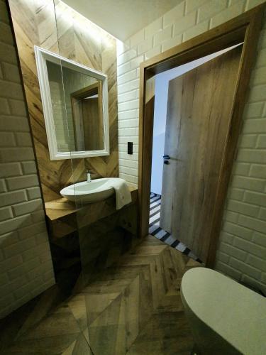 a bathroom with a sink and a mirror at Villa Olimpijska 2 - Centrum in Wisła