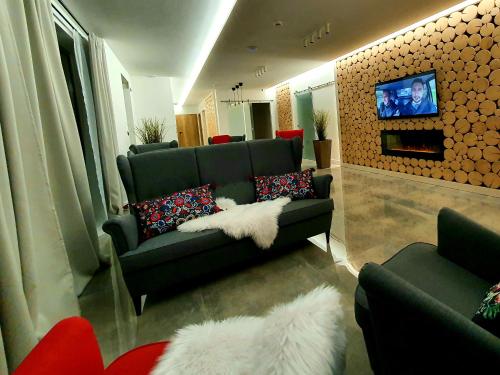 a living room with a couch and a tv at Villa Olimpijska 2 - Centrum in Wisła