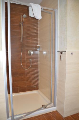 a shower with a glass door in a bathroom at Pension Truya - Hof in Fiss