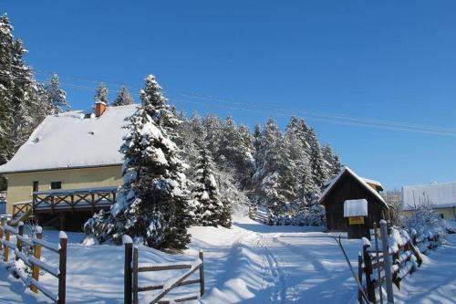 a house covered in snow with a fence and trees at Chata Horáreň in Smižany