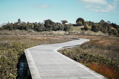 a boardwalk in the middle of a field at Wharf Retreat Unit 2 in Tauranga