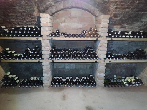 a room filled with lots of bottles of wine at Penzion U kostela Mláka in Mláka