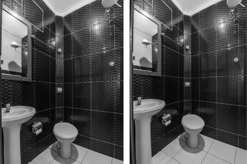 two pictures of a bathroom with a toilet and a sink at Hotel Florencio in Santo André