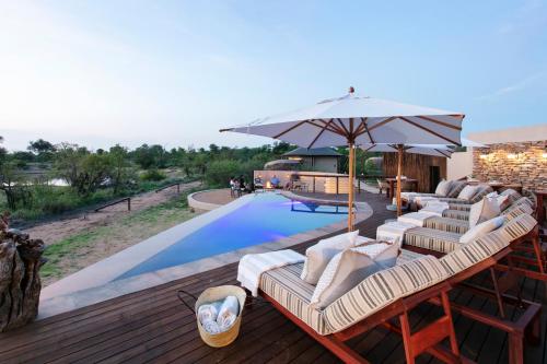 a patio with chairs and an umbrella next to a pool at Thabamati Luxury Tented Camp in Timbavati Game Reserve