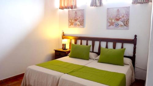 ein Schlafzimmer mit einem Bett mit zwei grünen Kissen in der Unterkunft Charming Apartment in Los Silos, 80m² with Terrace in Los Silos