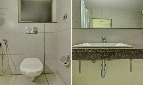 two pictures of a bathroom with a toilet and a sink at Treebo Seaesta RK Beach in Visakhapatnam
