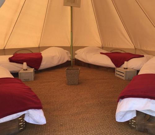 two beds in a tent with red and white sheets at 4Ever TT Glamping in Colby