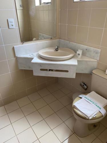a bathroom with a sink and a toilet and a mirror at Hotel Plaza Inn Flat Residence in Alfenas