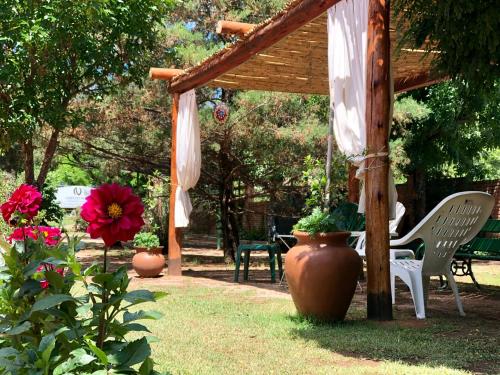 um gazebo com uma mesa e cadeiras e uma flor em Hotel Complejo Najul Suites-Solo Adultos em Mina Clavero