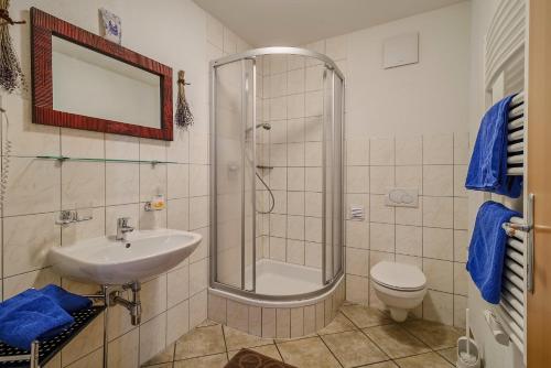 a bathroom with a shower and a sink and a toilet at Apart Vivaldi in See