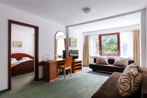 a bedroom with a bed and a desk with a desk at Interferie Sport Hotel Bornit in Szklarska Poręba