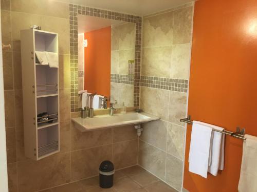 a bathroom with a sink and a mirror at Le Mas aux Arômes in Puget