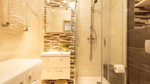 een badkamer met een douche, een wastafel en een spiegel bij VacationClub - Osiedle Podgórze 1E Apartament 20 in Szklarska Poręba