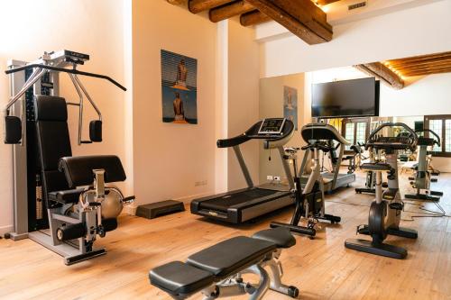 a gym with several exercise bikes and a flat screen tv at La Barchessa di Villa Pisani in Lonigo