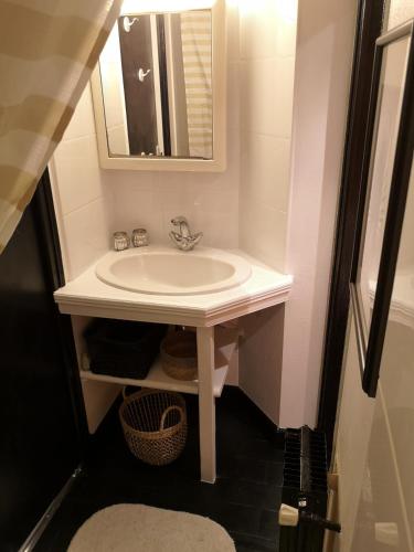 La salle de bains est pourvue d'un lavabo et d'un miroir. dans l'établissement Studio de charme proche de la gare, et du centre ville, à Rennes